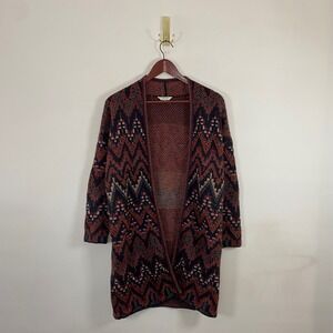 Lucky Brand Cardigan Sweater Open Front Aztec Pattern XS Western Wool Blend Cozy